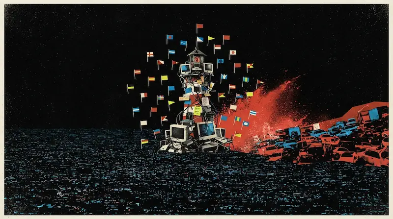 A tower of websites rising from the dark internet as new paths compete for attention.